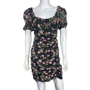 For Love & Lemons Womens M Black Biscotti Silk Floral Ruched Bows Mini Dress EUC